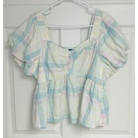 Old Navy Women's Pastel Pink Blue Yellow Puff Sleeve Cropped Top Size XL Ruffle - Picture 1 of 7